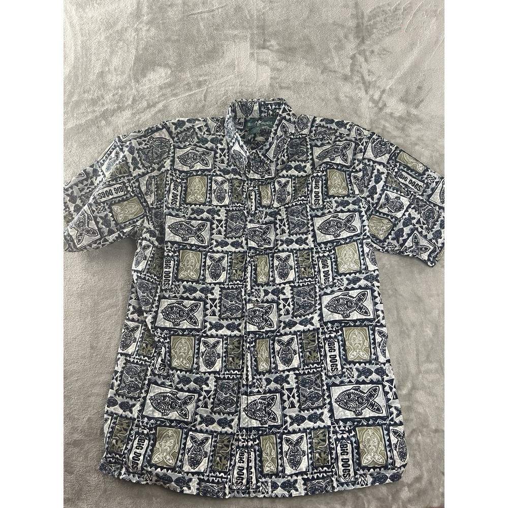 Big Dogs Mens Shirt Large Blue White Fish Print Aloha Button Hawaiian